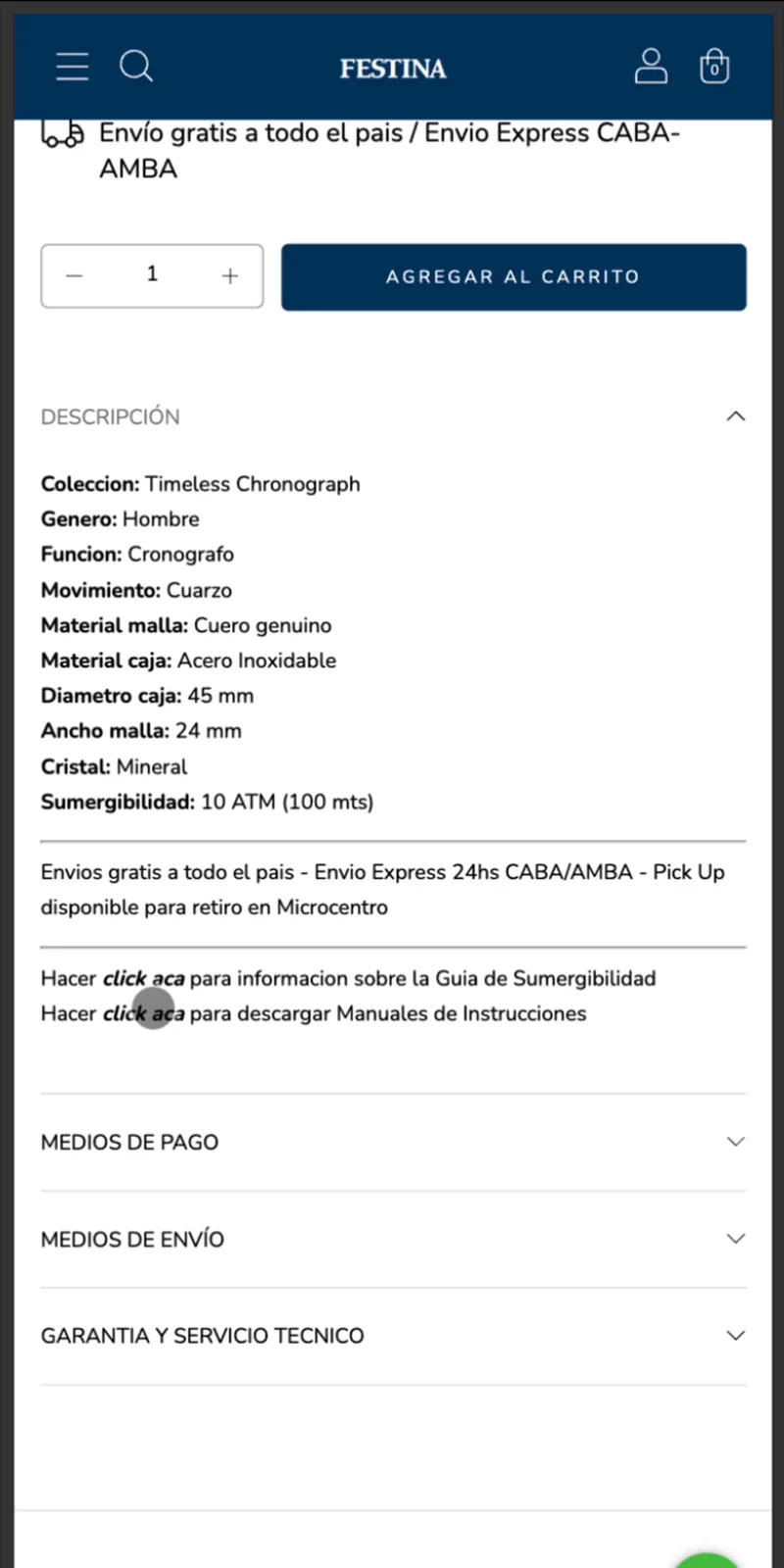 Ficha de producto de una tienda Tiendanube antes de la mejora, vista en celular